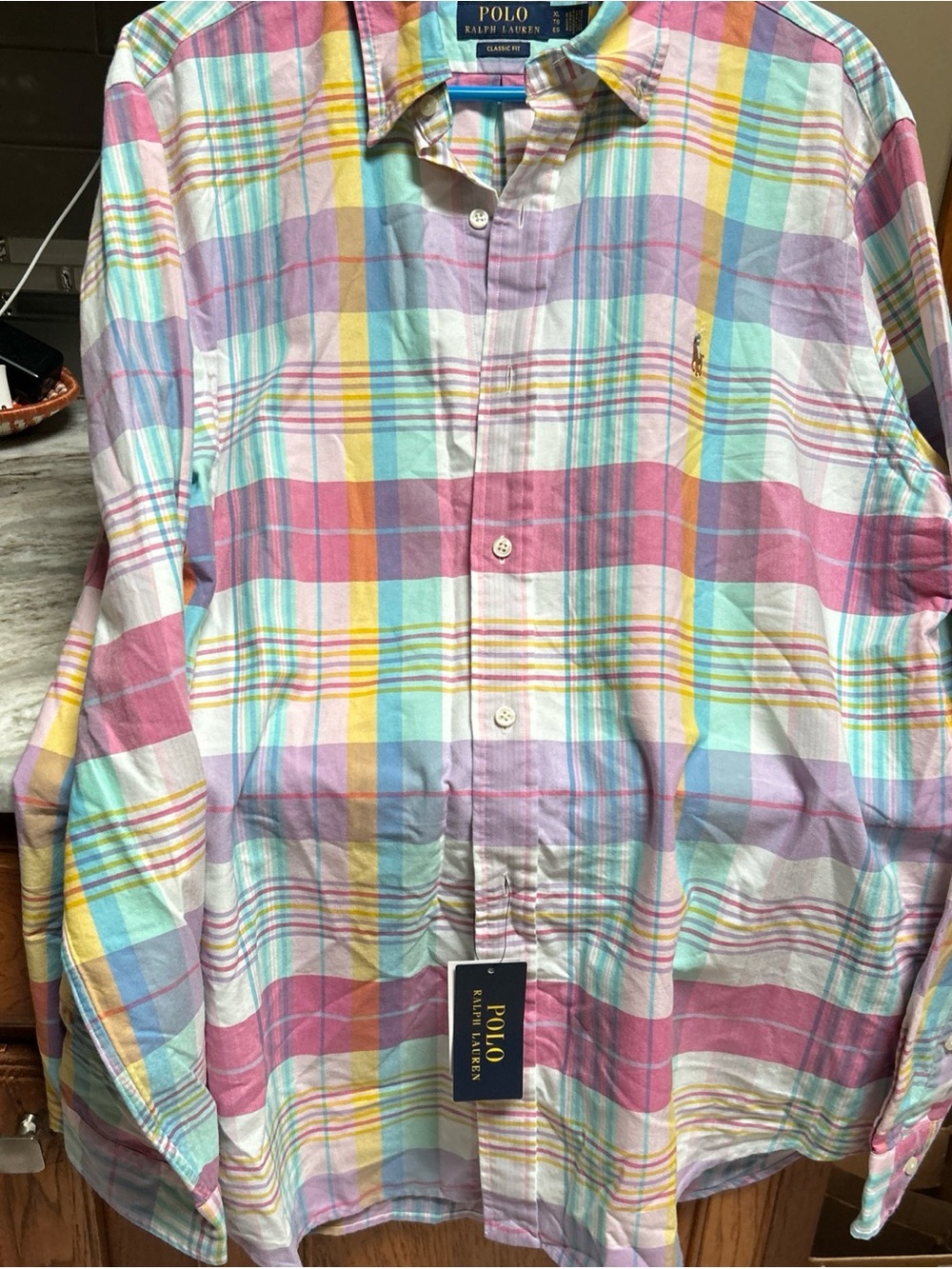 Polo Ralph Lauren XL Blue Pink  Plaid Classic Fit Oxford Dress Shirt Long Sleeve
